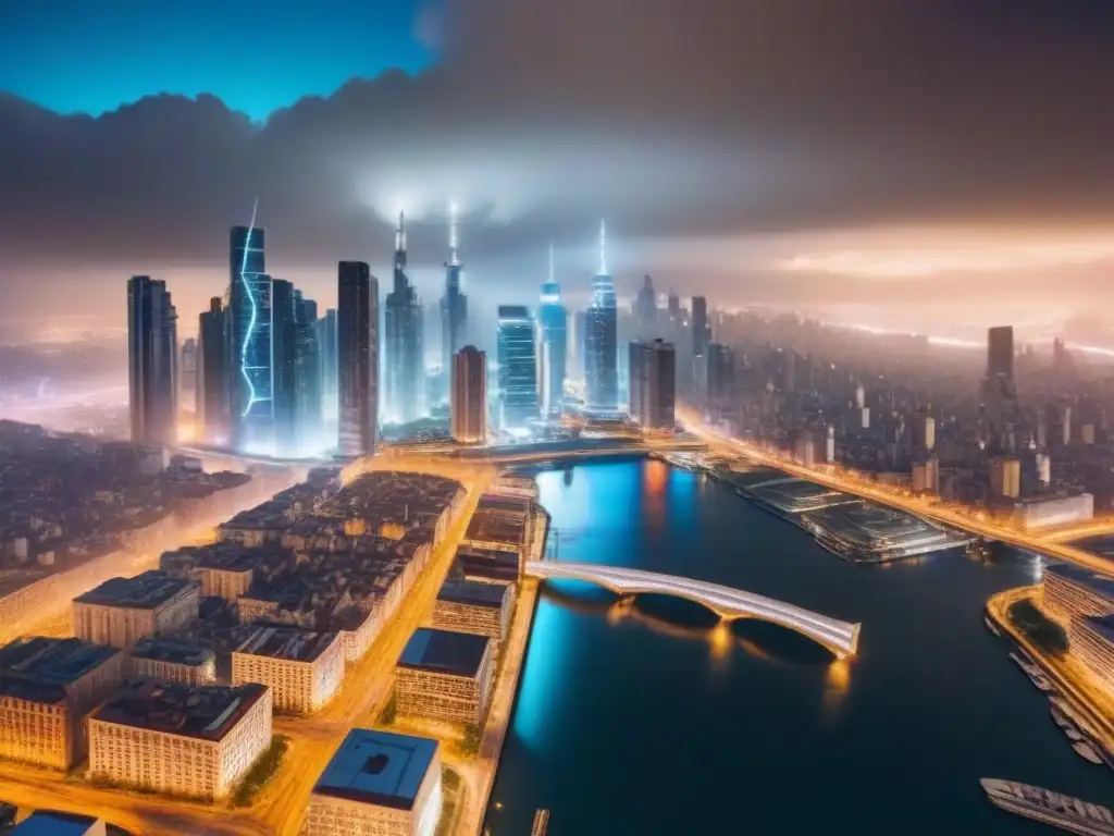 Metrópolis futurista: paisaje urbano sostenible y vibrante Vibrante ciudad nocturna con rascacielos iluminados y sistemas de agua innovadores