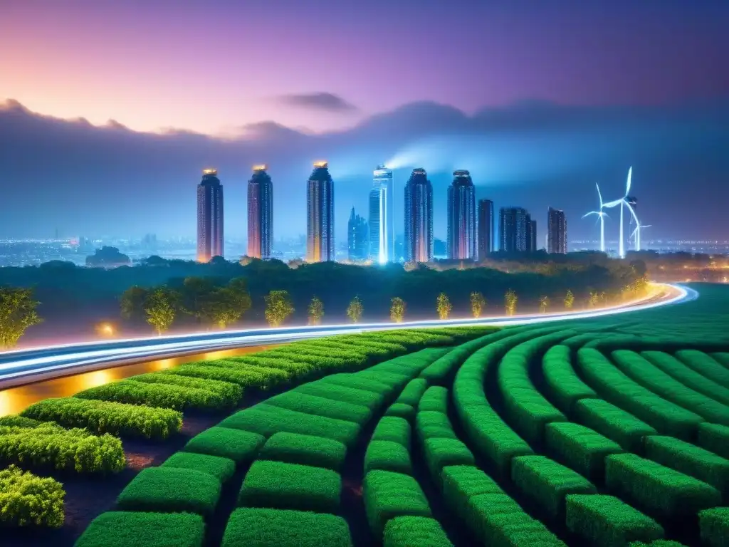 Metrópolis sostenible: luces LED y techos verdes en la noche Vibrante ciudad nocturna con rascacielos sostenibles y parque futurista