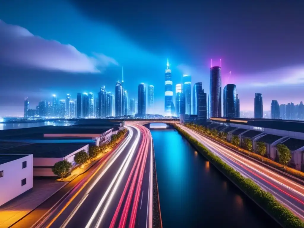 Metrópolis futurista: luces neón, autos eléctricos y drones en acción Vibrante ciudad nocturna con rascacielos futuristas iluminados, autos eléctricos y drones, ideal para inversión en ciudades inteligentes y PropTech