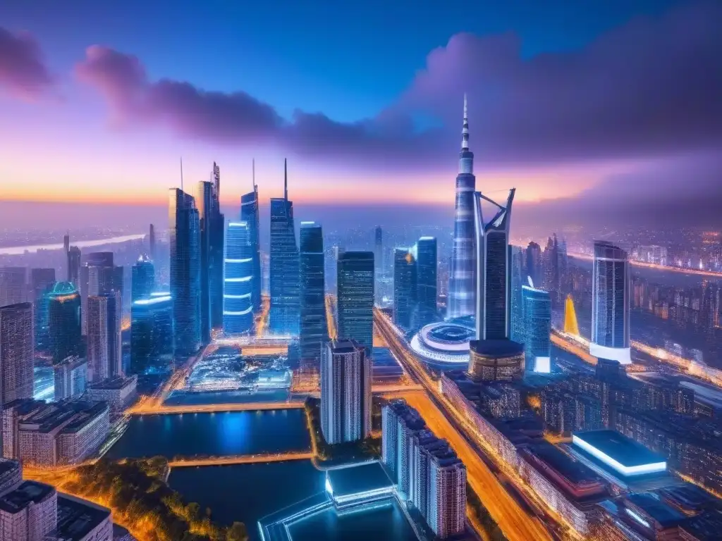 Skyline futurista: colaboración global en crowdfunding inmobiliario Vibrante ciudad nocturna con rascacielos futuristas iluminados por luces de neón, reflejando colaboración e innovación en Crowdfunding inmobiliario internacional tecnología