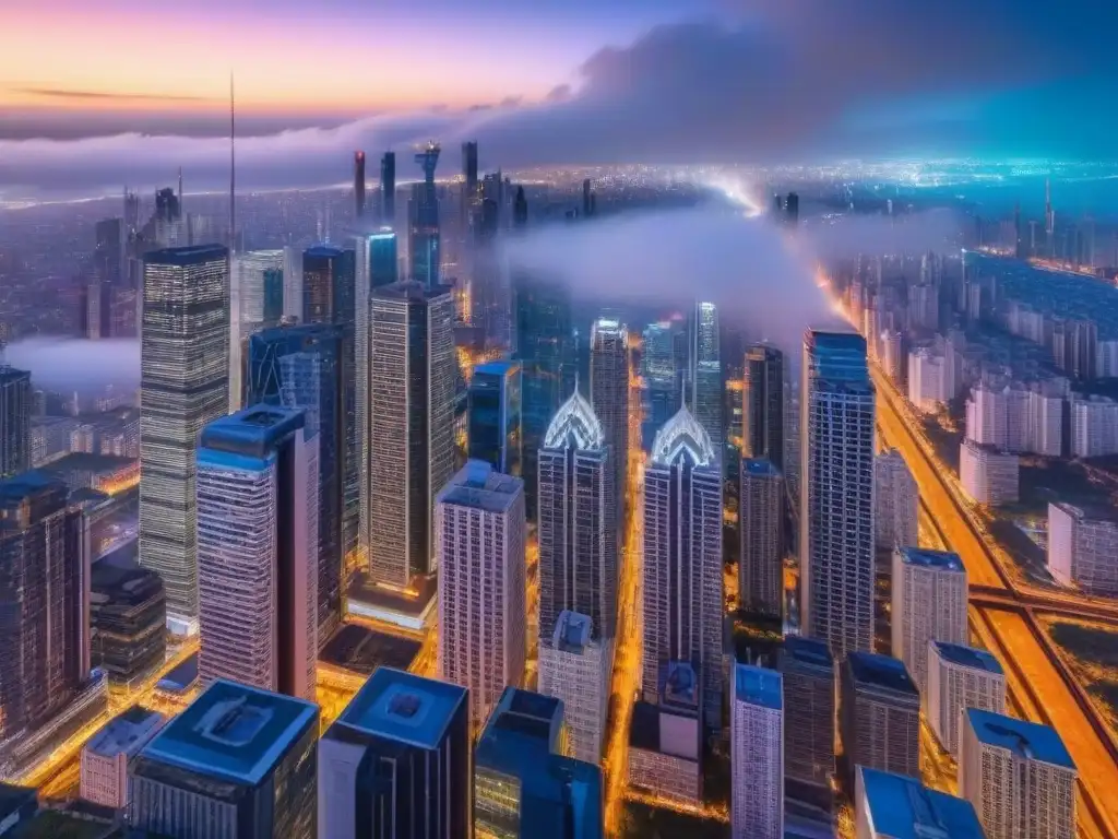 Metrópolis nocturna: luces y dinamismo inmobiliario Vibrante ciudad nocturna con rascacielos iluminados y calles llenas de autos, reflejando tendencias globales de inversión inmobiliaria internacional en 2023