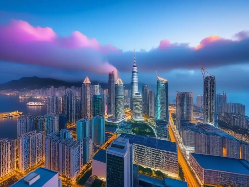 Espléndida vista nocturna de ciudad con rascacielos iluminados Vibrante ciudad nocturna con rascacielos iluminados y luces neón reflejadas en el agua, maximizando retornos mercado inmobiliario internacional