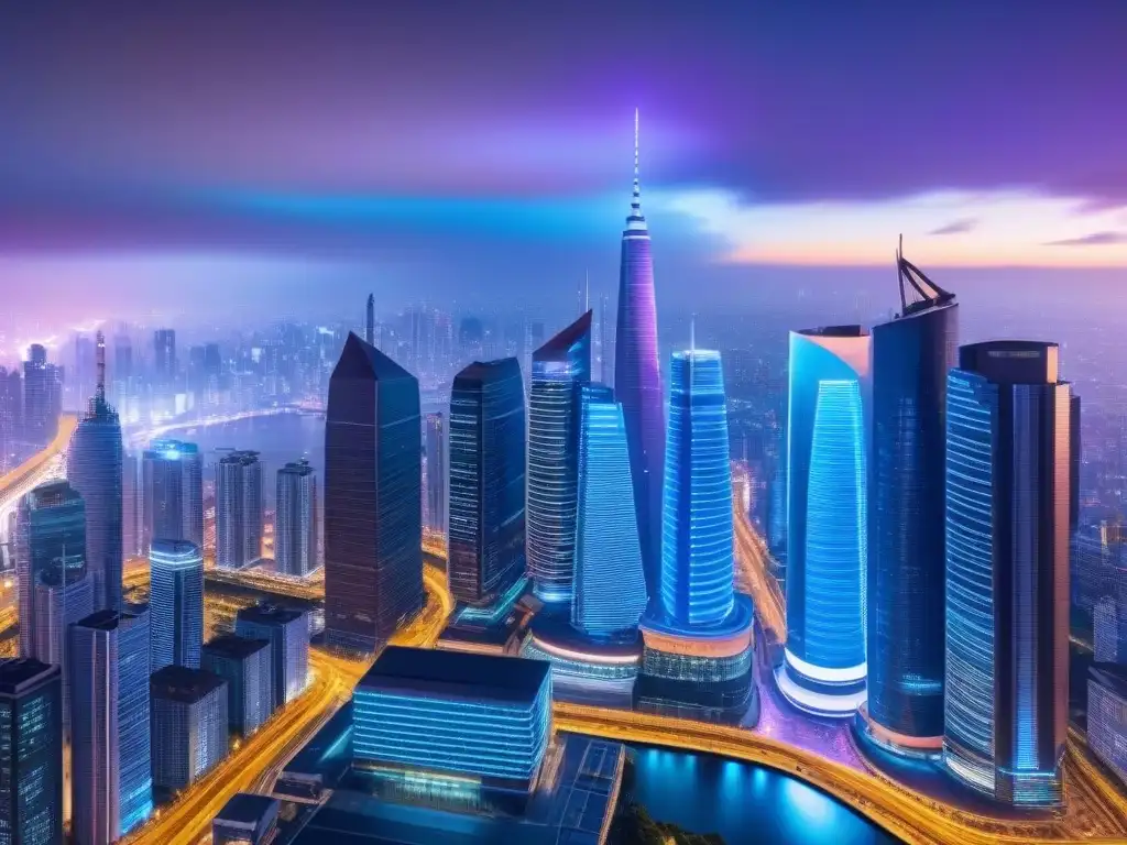Metrópolis futurista en 8K: luces neón y finanzas Vibrante ciudad nocturna con rascacielos futuristas y luces neón, reflejando la energía de un centro financiero global