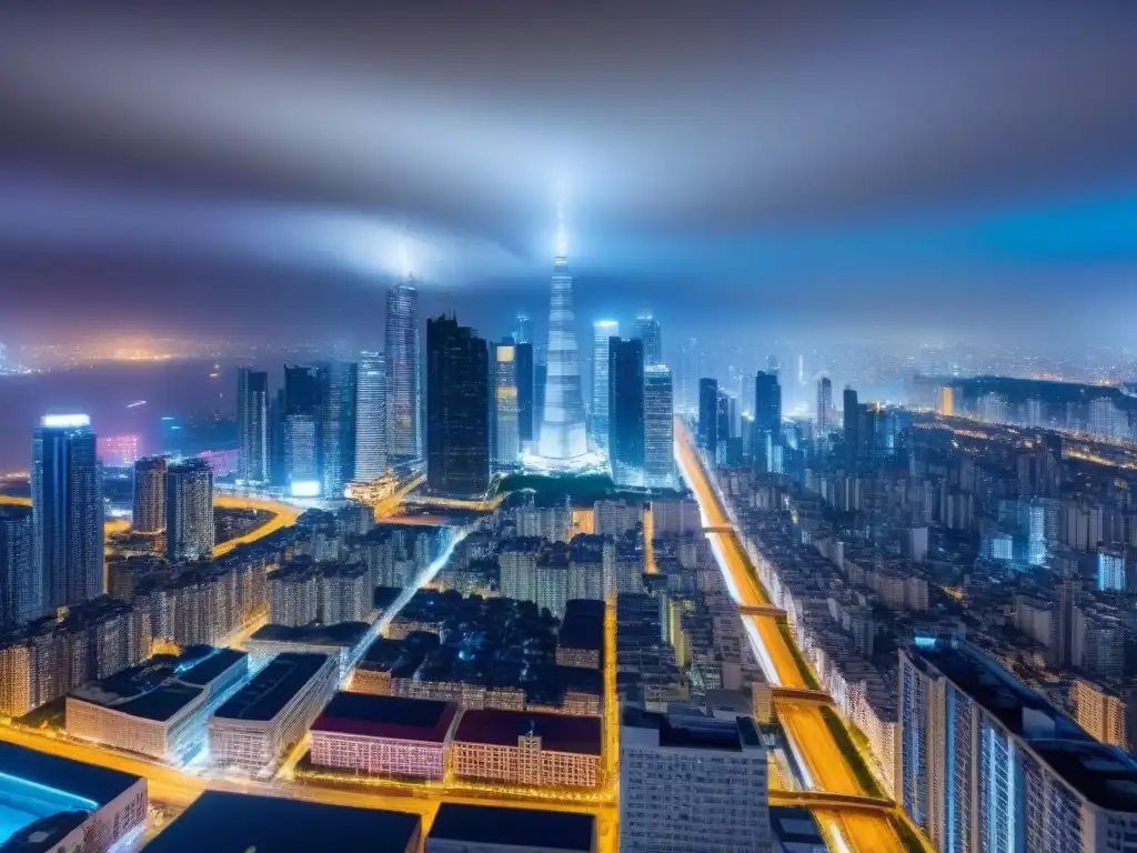 Vibrante ciudad nocturna con rascacielos iluminados y calles brillantes, atrayendo a inversionistas globales mercado inmobiliario internacional