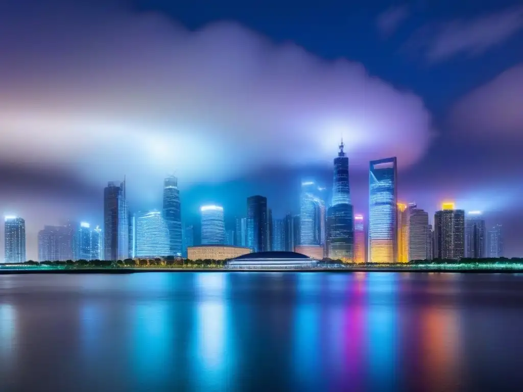 Horizonte nocturno: luces vibrantes en modernos rascacielos Vibrante ciudad nocturna con rascacielos iluminados y río calmado, ideal para inversionistas globales bienes raíces internacionales