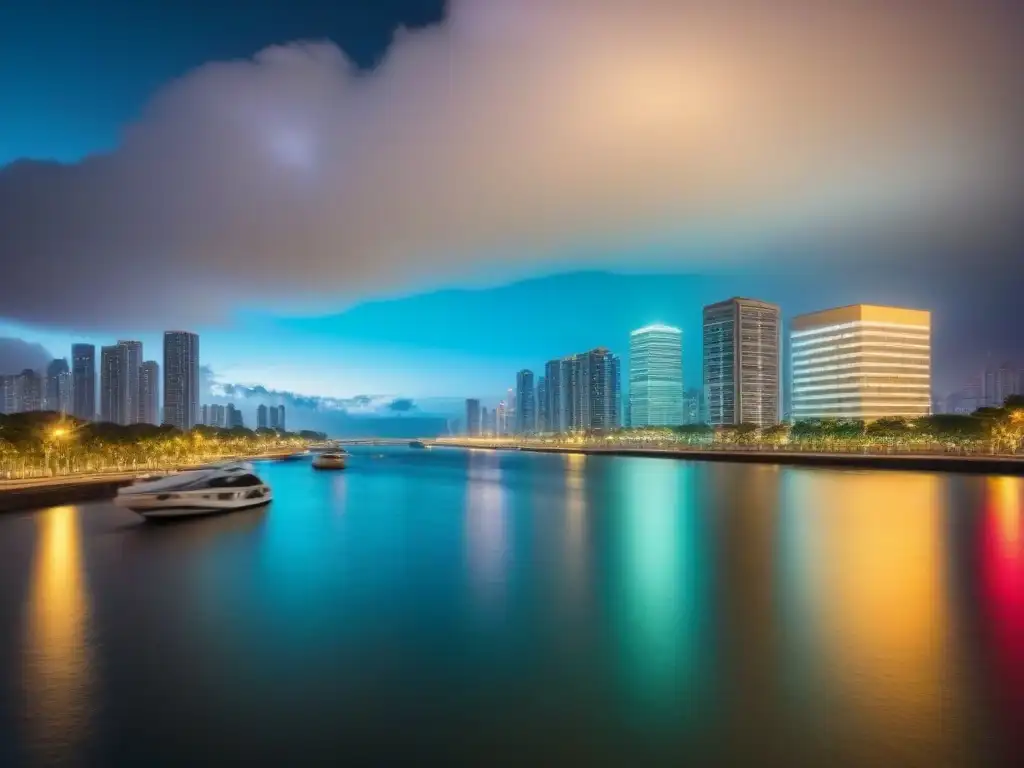 Inversión inmobiliaria en entorno urbano blockchain Vibrante ciudad nocturna con rascacielos iluminados y río sereno