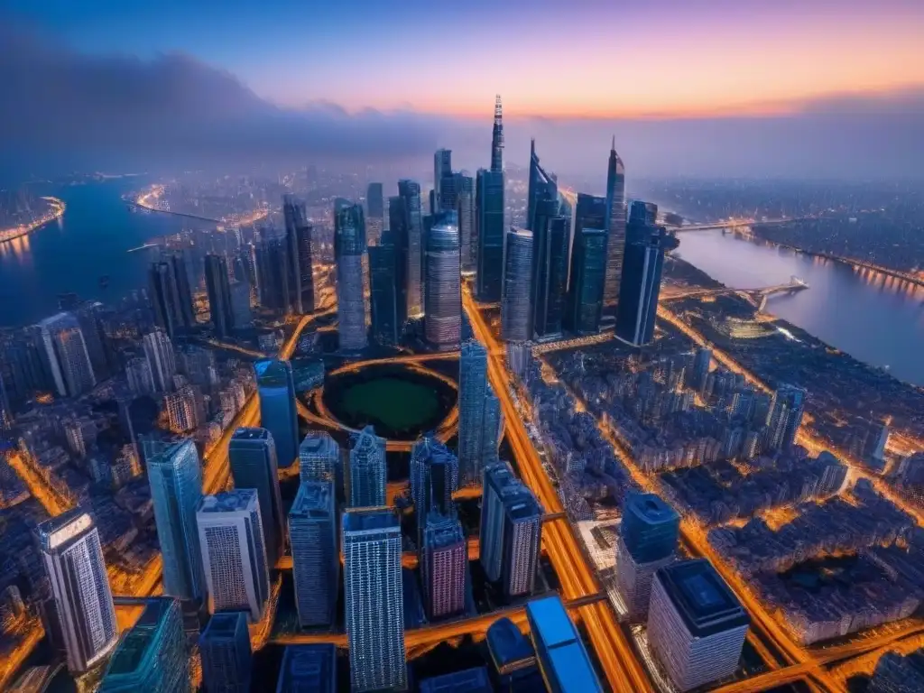 Skyline urbano iluminado: inversión inmobiliaria global Vibrante ciudad nocturna con rascacielos iluminados y autopistas, reflejando la inversión inmobiliaria internacional fiscalidad