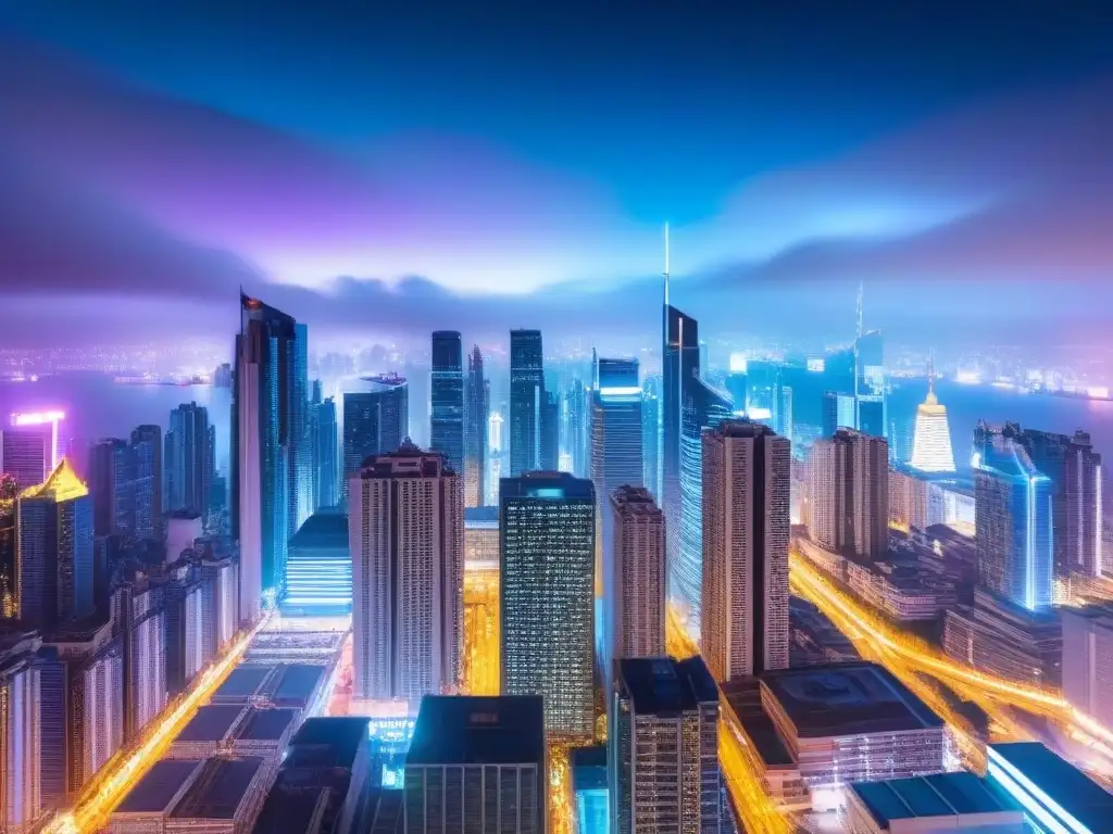 Metrópolis nocturna: fusion de tecnología y finanzas globales Vibrante ciudad nocturna con rascacielos iluminados por luces de neón, gráficos financieros digitales integrados