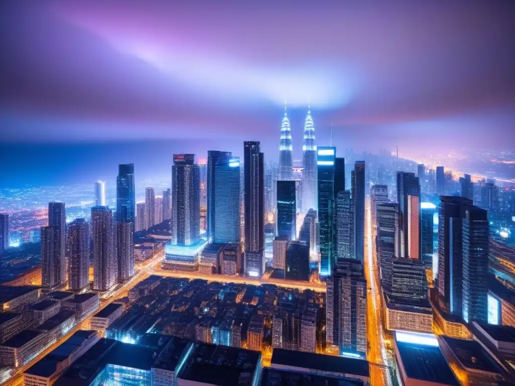 Metrópolis nocturna: luces y energía urbana Vibrante ciudad nocturna con rascacielos iluminados y bulliciosas calles, evocando microeconomías en ciudades globales