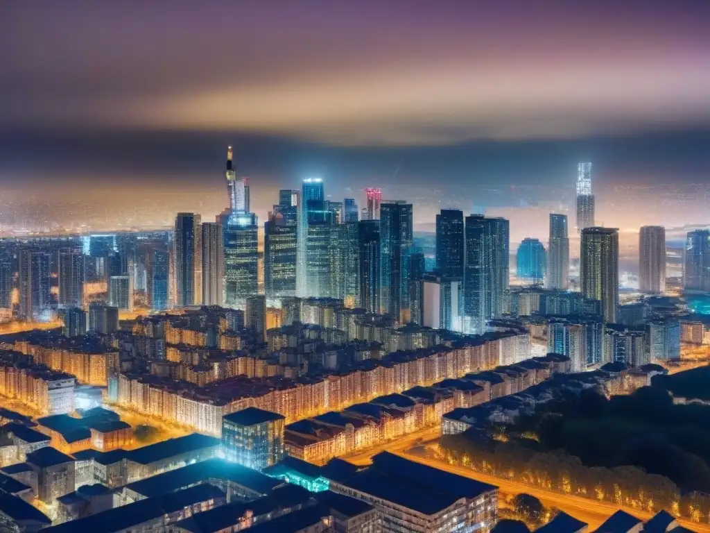 Luces nocturnas: ciudad vibrante y llena de oportunidades Vibrante ciudad nocturna con rascacielos iluminados, reflejando un mar de oportunidades inmobiliarias internacionales análisis