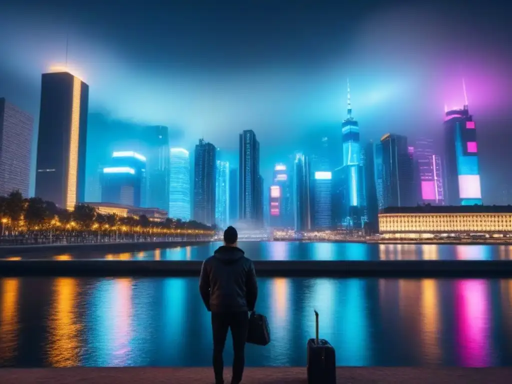 Espectacular skyline nocturno de ciudad moderna en 8K Ultra HD Vibrante ciudad nocturna con rascacielos iluminados y reflejos en el agua, ideal para simulaciones Monte Carlo inversión inmobiliaria