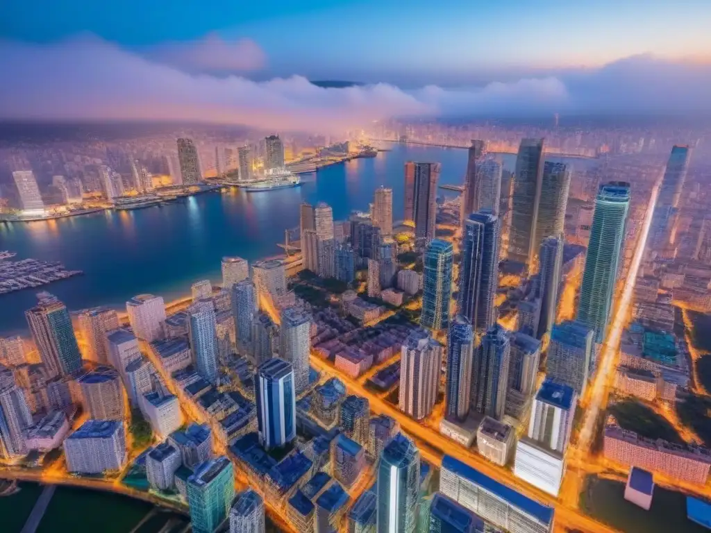 Cityscape nocturno: inversión inmobiliaria internacional para Millennials Vibrante ciudad nocturna de rascacielos iluminados, ideal para inversión inmobiliaria internacional para Millennials