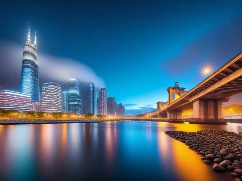 Espectacular metrópolis nocturna: luces y modernidad urbana Vibrante ciudad nocturna con rascacielos iluminados y un río sereno, reflejando mercados inmobiliarios internacionales en crisis