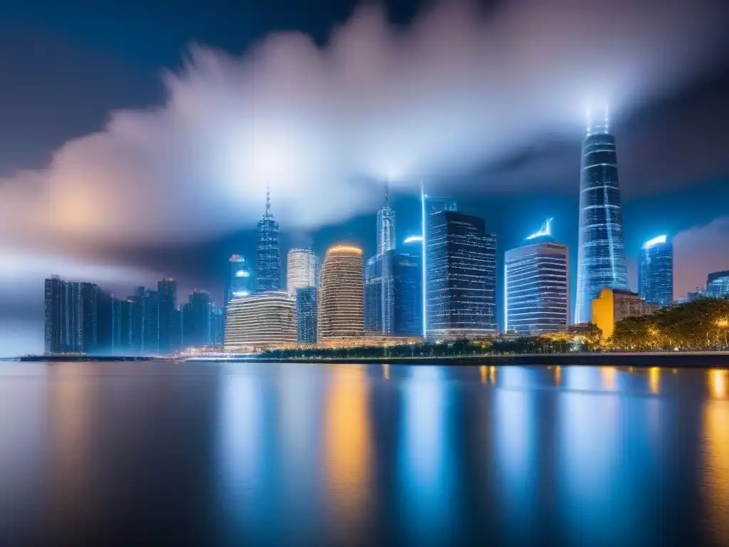 Skyline nocturno: luces vibrantes en la ciudad moderna Vibrante ciudad nocturna con rascacielos iluminados reflejados en el río, evocando tasas de interés ocultas inversión inmobiliaria