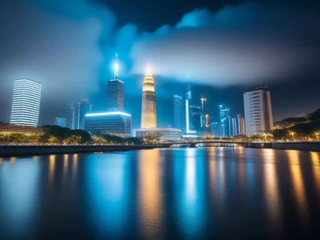 Oportunidades de inversión en la metrópolis nocturna Vibrante ciudad nocturna con rascacielos iluminados reflejándose en un río, simbolizando oportunidades de inversión inmobiliaria global