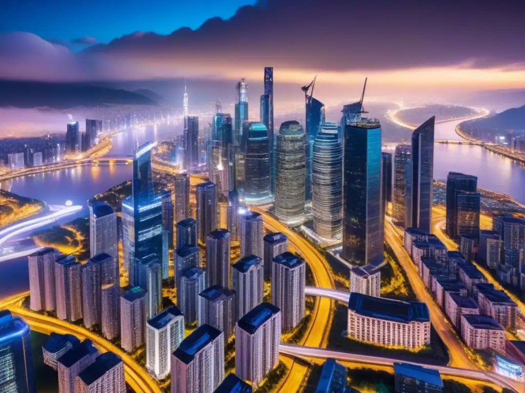Metrópolis nocturna: luces, ríos y rascacielos Vibrante ciudad nocturna con rascacielos iluminados y tráfico intenso, reflejando la Due Diligence inmobiliaria internacional detallada