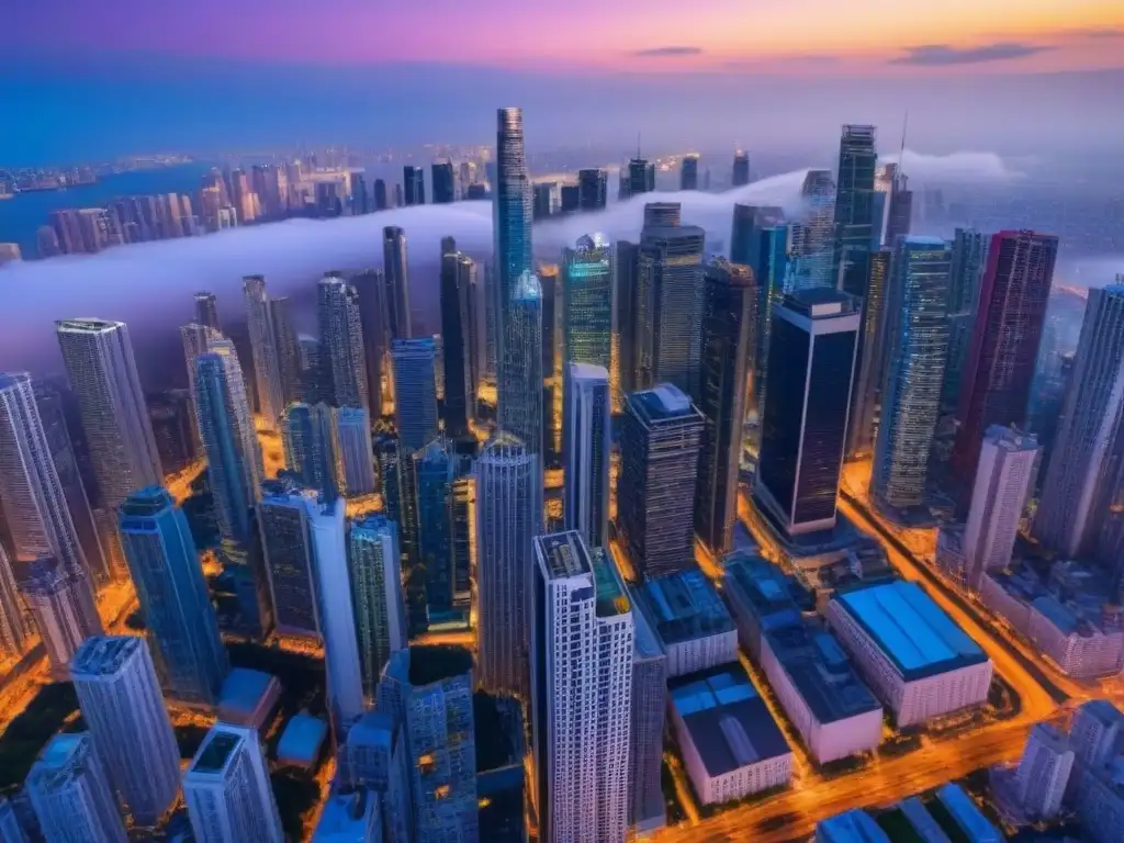 Espectacular panorama urbano con rascacielos y luces de ciudad Vibrante ciudad nocturna con rascacielos y calles bulliciosas, reflejo del mercado inmobiliario global y la Due Diligence