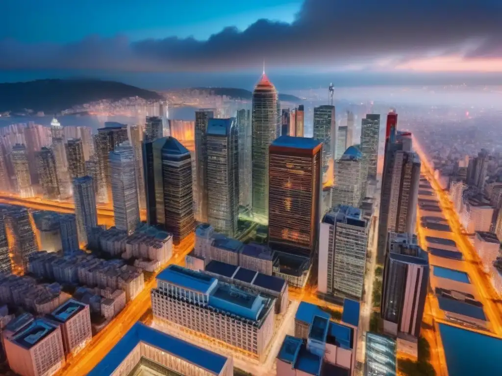 Vibrante metrópolis nocturna: luces y rascacielos en auge Vibrante ciudad nocturna con rascacielos iluminados, fusiones en mercado inmobiliario internacional