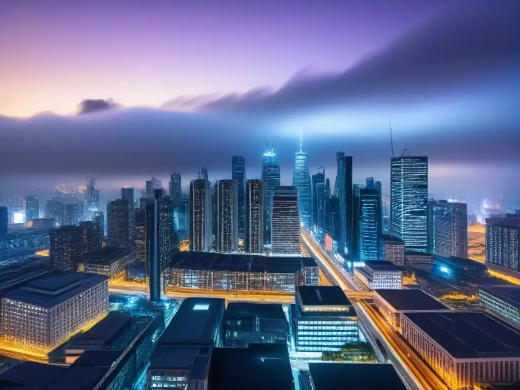 Vibrante ciudad nocturna: rascacielos iluminados y bulliciosas calles Vibrante ciudad nocturna con rascacielos iluminados y bulliciosas calles, reflejando las regulaciones M&A internacionales mercado inmobiliario