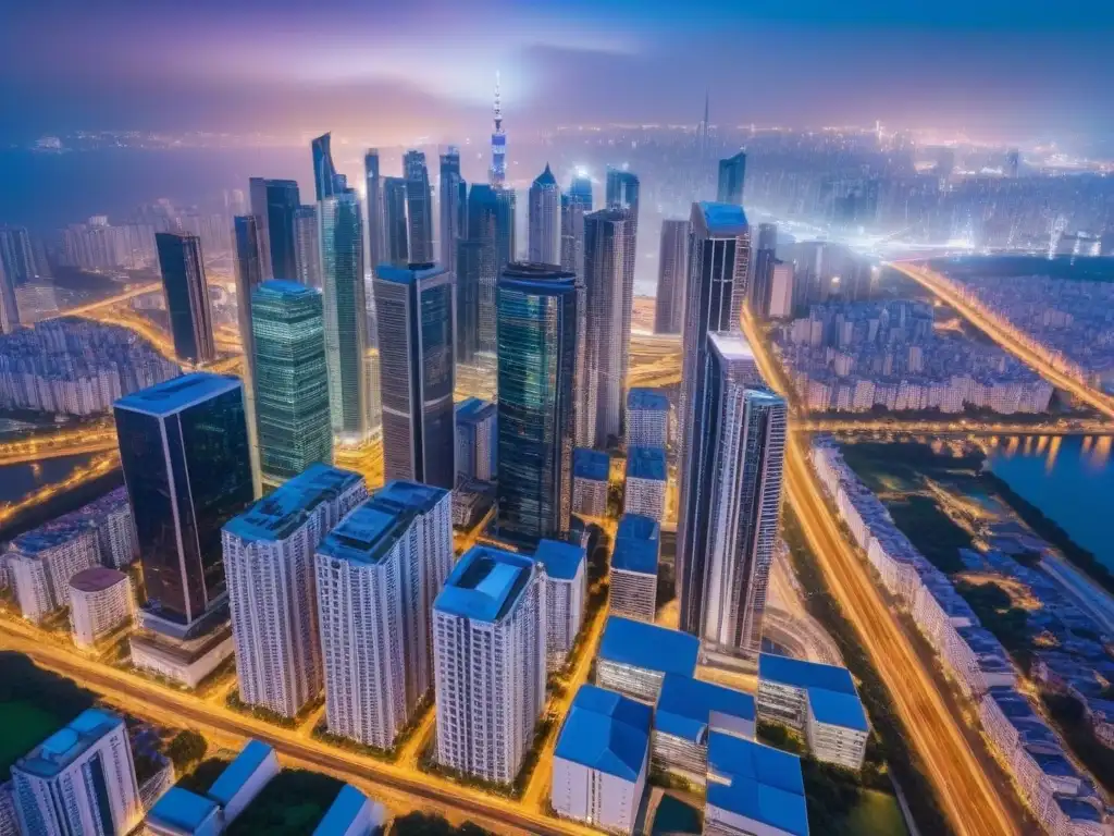 Metrópolis nocturna: mercado inmobiliario global en evolución Vibrante ciudad nocturna con rascacielos iluminados