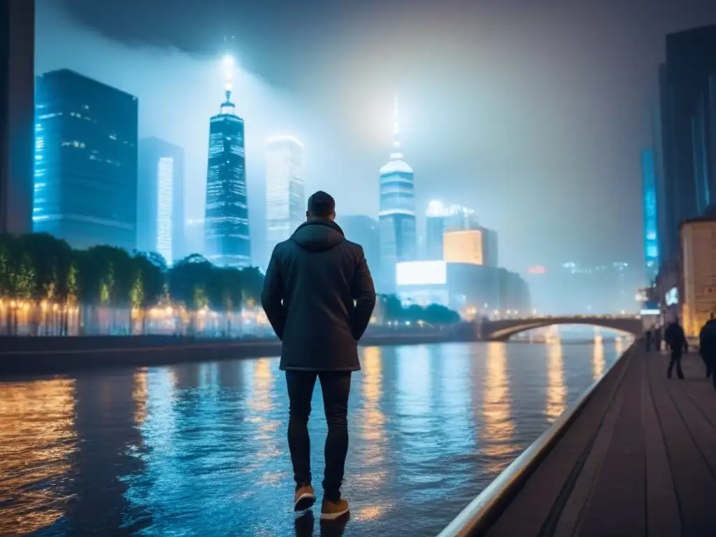 Horizonte urbano: éxito y fusión global en la ciudad nocturna Vibrante ciudad nocturna con rascacielos iluminados y río brillante, simbolizando éxito expansión internacional M&A