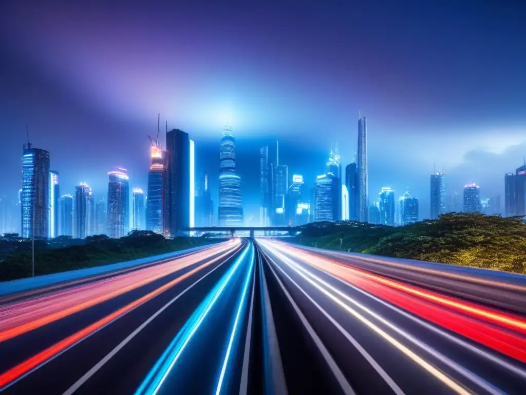 Metrópolis futurista: luces neon y autos autónomos en red de autopistas Vibrante ciudad nocturna con rascacielos iluminados y autos autónomos, proyectando éxito en fusiones en mercados emergentes