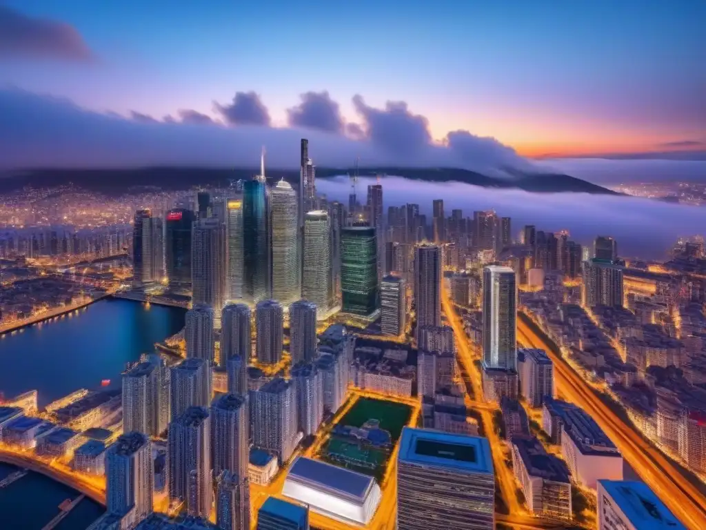 Metrópolis nocturna: luces vibrantes en la ciudad moderna Vibrante ciudad nocturna con rascacielos iluminados y energía, ideal para inversión inmobiliaria internacional para Millennials