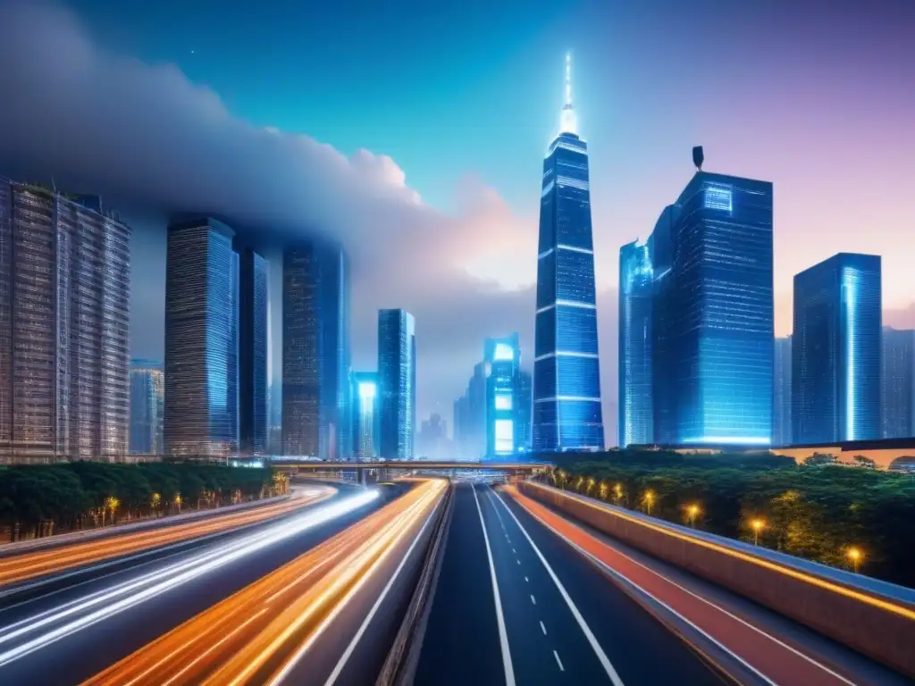 Metrópolis nocturna: luces futuristas en imponentes rascacielos Vibrante ciudad nocturna con rascacielos iluminados y sinergias postfusión mercado inmobiliario internacional
