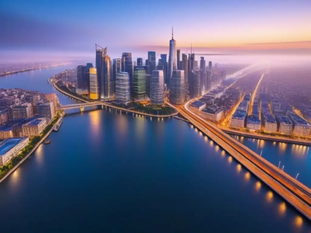 Espectacular skyline urbano iluminado al anochecer Vibrante ciudad nocturna con rascacielos iluminados y red de autopistas, reflejándose en el río, destaca las sinergias postfusión mercado inmobiliario