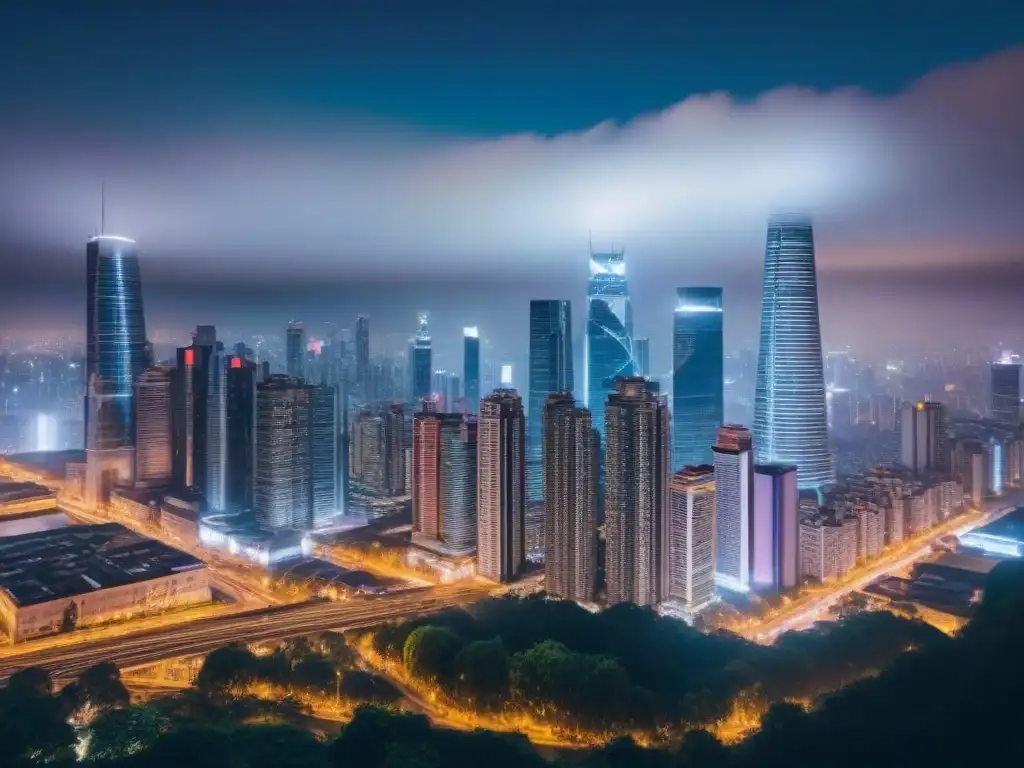 Skyline nocturno: intercambio de divisas en alta definición Vibrante ciudad nocturna con rascacielos iluminados y tablero de fluctuaciones cambiarias en mercado inmobiliario