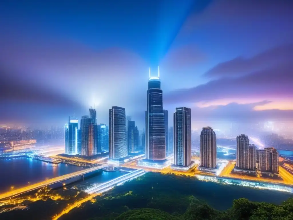 Metropolis nocturna: mercado inmobiliario global en auge Vibrante ciudad nocturna con rascacielos iluminados, reflejo del mercado global
