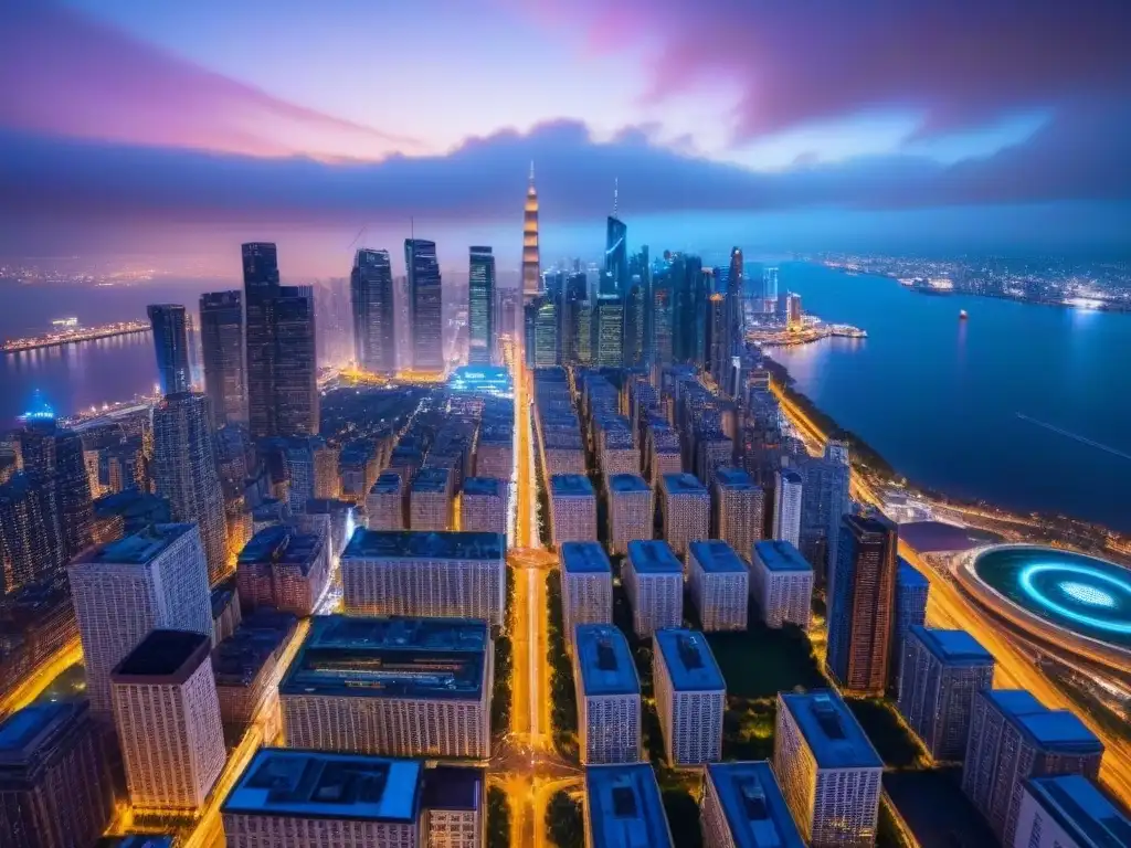 Espectacular panorama nocturno de una ciudad moderna y dinámica Una vibrante ciudad nocturna con rascacielos iluminados y energía global