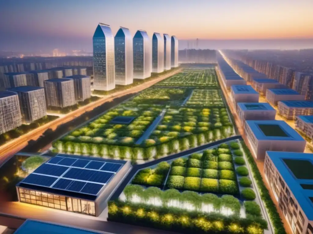 Metrópolis sostenible: luces, naturaleza y armonía nocturna Vibrante ciudad nocturna con rascacielos iluminados y complejo residencial sostenible