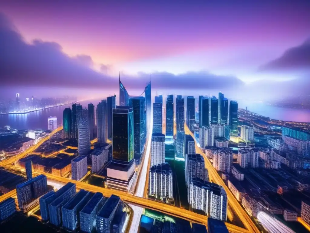 Metrópolis brillante: conexión global en bienes raíces Vibrante ciudad nocturna con rascacielos iluminados y conexiones brillantes, representando Networking en mercado inmobiliario internacional