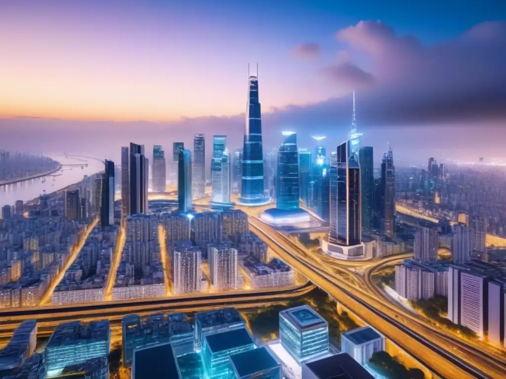 Metrópolis global: luces y real estate en 8k Vibrante ciudad nocturna con rascacielos iluminados y autopistas llenas de vehículos futuristas