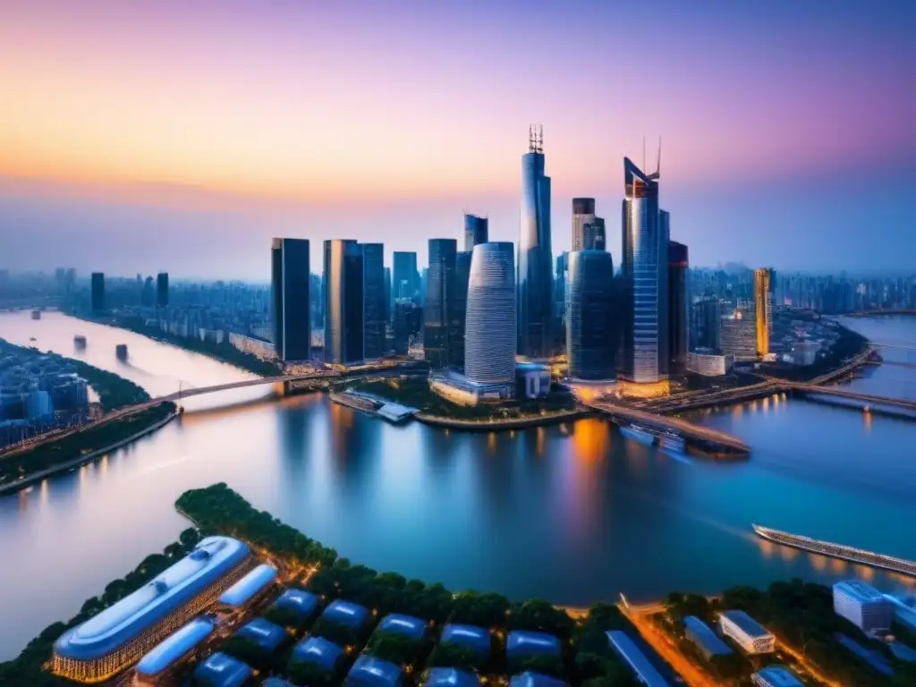 Inversión global: skyline moderno y dinámico al anochecer Vibrante ciudad nocturna con rascacielos iluminados reflejados en un río, simbolizando fluctuaciones cambiarias en inversión inmobiliaria