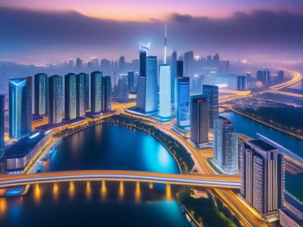 Metrópolis futurista: skyline globalizado con tecnología avanzada Vibrante ciudad nocturna con rascacielos futuristas y red interconectada, reflejando la globalización en desarrollo urbano