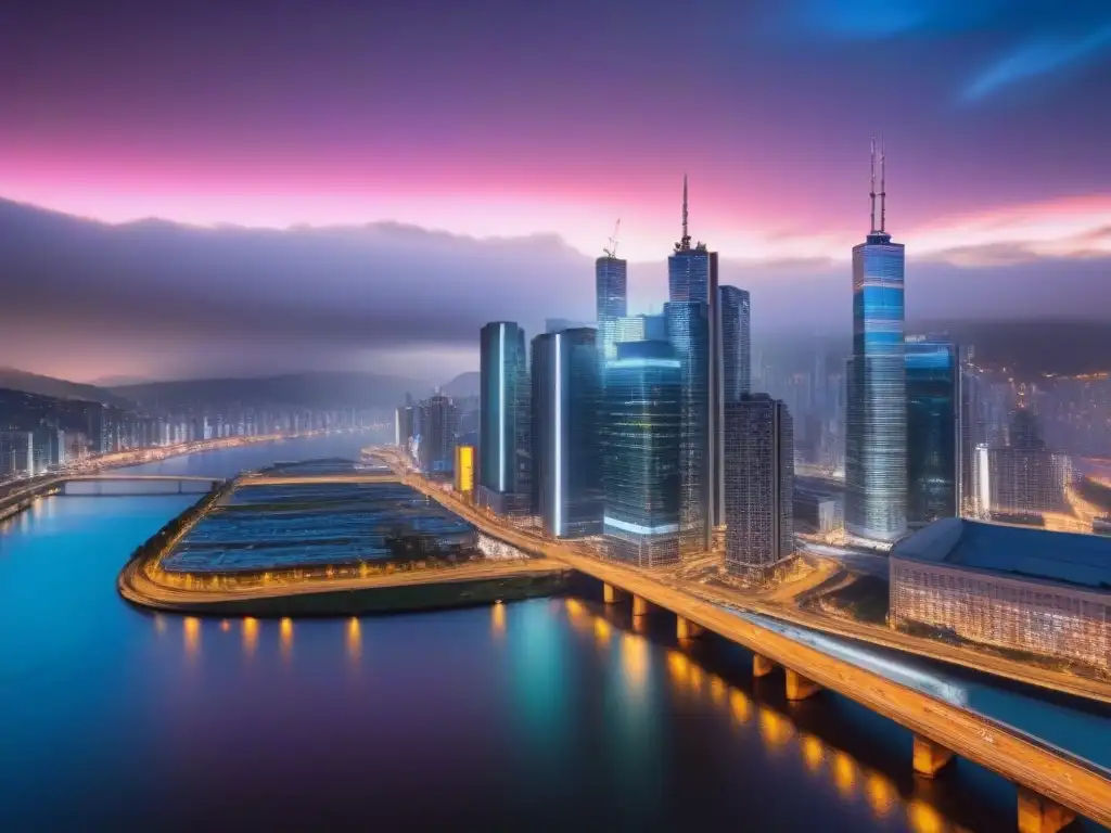 Metrópolis vibrante: luces, ríos y diversidad urbana Vibrante ciudad nocturna con rascacielos iluminados por luces de neón, reflejándose en un río