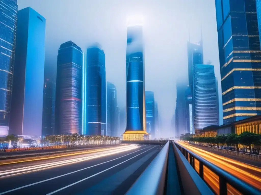 Metrópolis futurista: luces y tecnología en la noche Vibrante ciudad nocturna con rascacielos iluminados y arquitectura moderna, reflejo del mercado inmobiliario internacional y el IoT