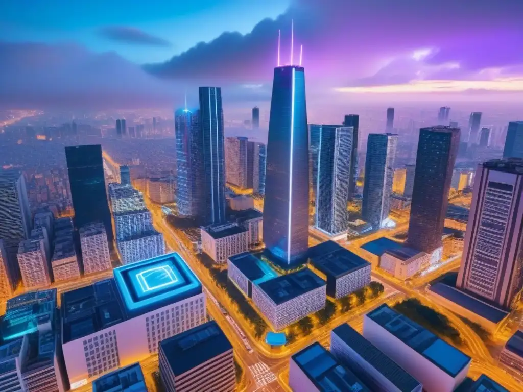 Metrópolis futurista: Integración de blockchain y tecnología inteligente en la planificación urbana Vibrante ciudad nocturna con rascacielos futuristas y luces de neón, integrando blockchain en planificación urbana