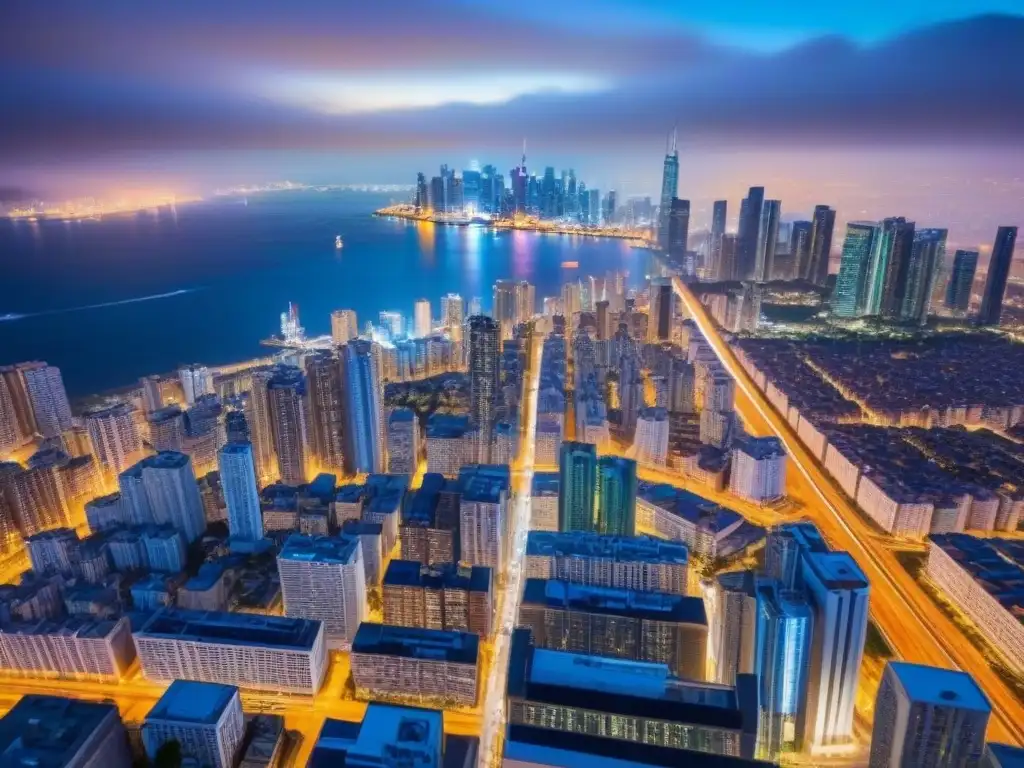 Metrópolis vibrante: luces nocturnas en la urbe emergente Vibrante ciudad nocturna con rascacielos iluminados, reflejo del Big Data en mercados inmobiliarios emergentes