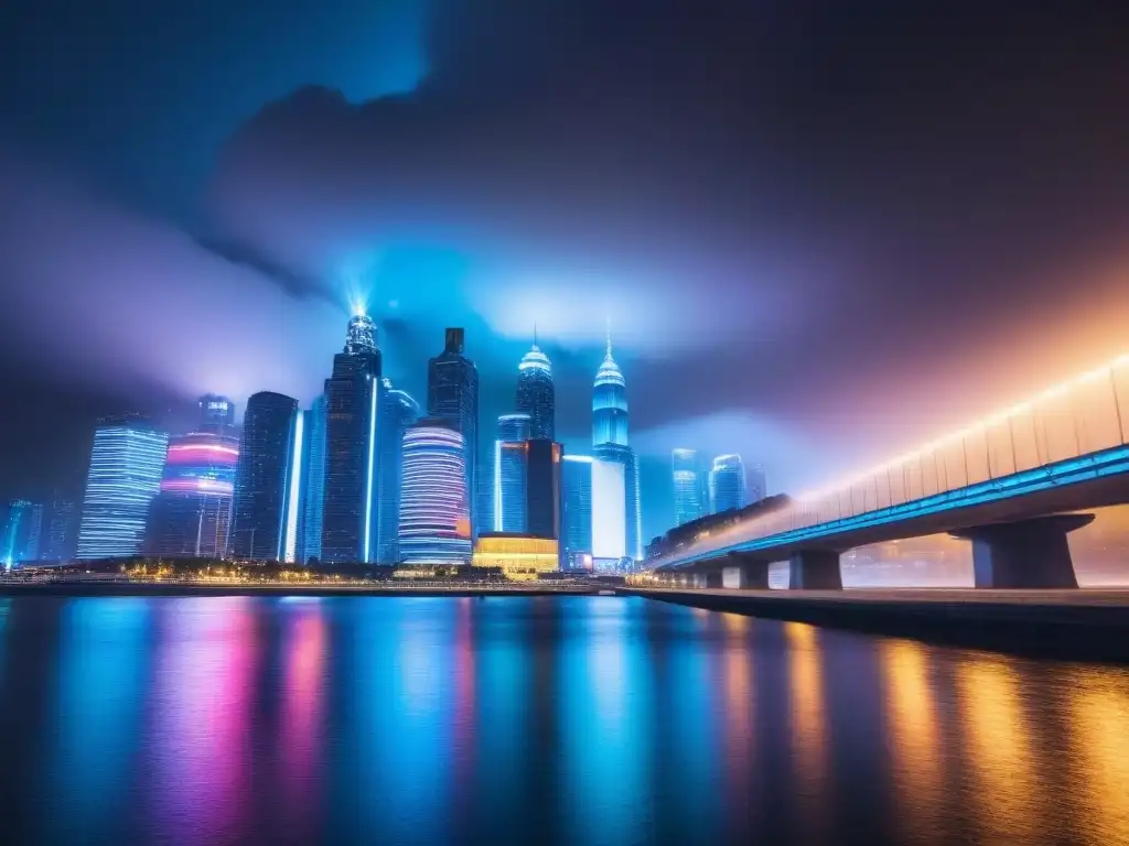 Metrópolis futurista: seguridad y tecnología VPN en inversión inmobiliaria Vibrante ciudad nocturna con rascacielos iluminados, reflejados en un río tranquilo