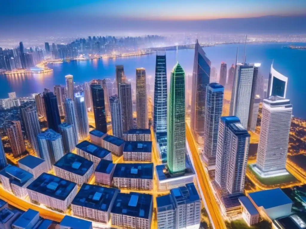 Horizonte urbano iluminado: fusión de arquitectura moderna y tradicional Vibrante ciudad nocturna con rascacielos iluminados, fusionando diseño moderno y tradicional