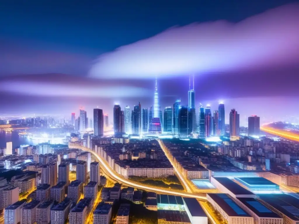 Futuro urbano: Integración de Big Data en inversiones inmobiliarias internacionales Vibrante ciudad nocturna, con rascacielos futuristas iluminados por luces de neón
