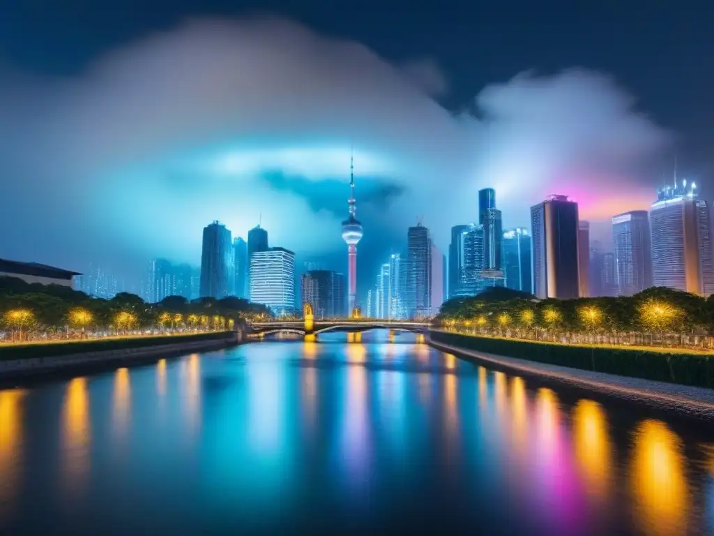Vibrante ciudad nocturna: luces y arquitectura moderna reflejadas en el río Vibrante ciudad nocturna con rascacielos iluminados y río sereno