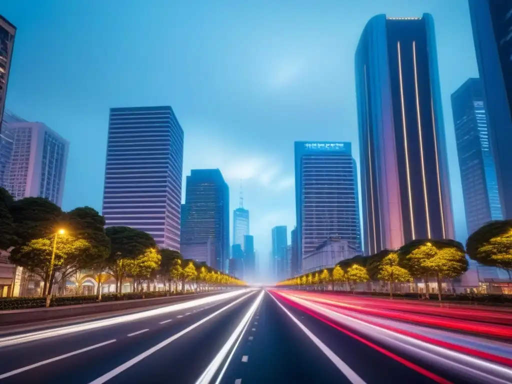 Inversiones inmobiliarias internacionales: Metrópolis nocturna vibrante Vibrante ciudad nocturna con rascacielos iluminados y luces de autos