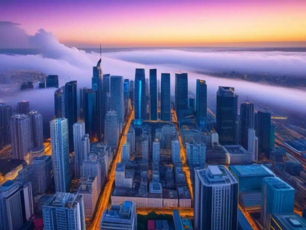 Horizonte urbano al atardecer: Real Estate internacional Vibrante ciudad nocturna con rascacielos iluminados y calles concurridas, reflejo de plataformas inmobiliarias internacionales confiables