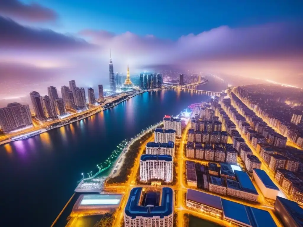Espléndida vista nocturna de ciudad con rascacielos iluminados y río sereno Vibrante ciudad nocturna con rascacielos iluminados y río sereno, evocando éxito e innovación en el mercado inmobiliario internacional