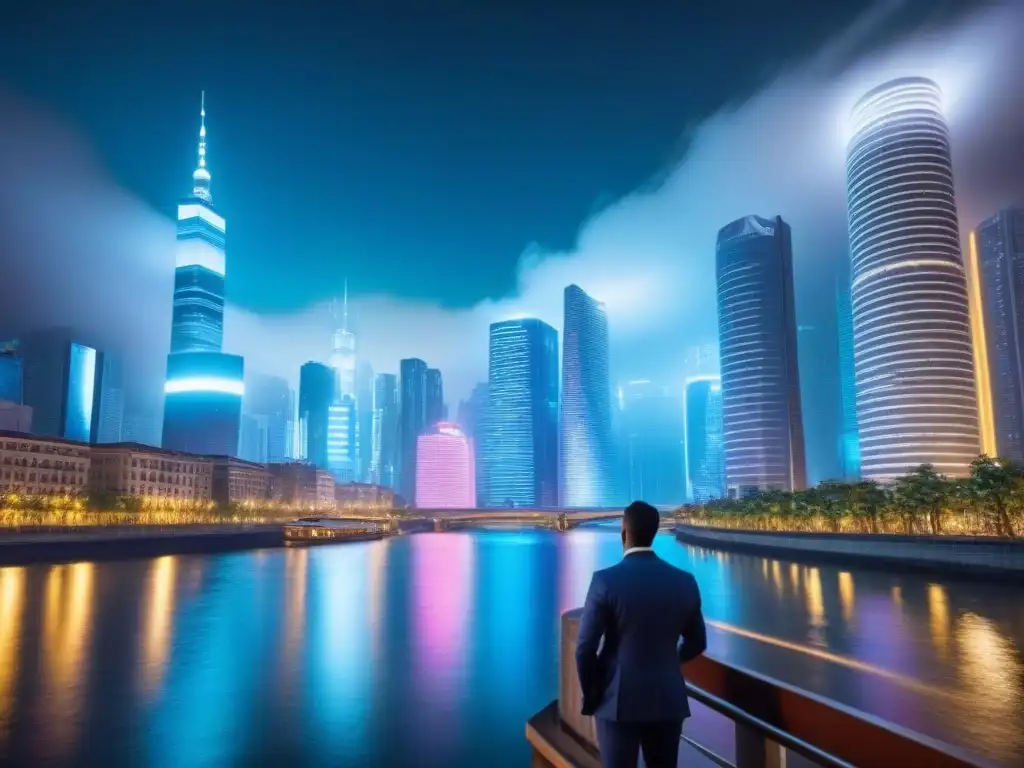 Metrópolis nocturna: skylines futuristas en neón Vibrante ciudad nocturna con rascacielos iluminados por luces neón sobre un río, ideal para marketing inmobiliario internacional para inversionistas