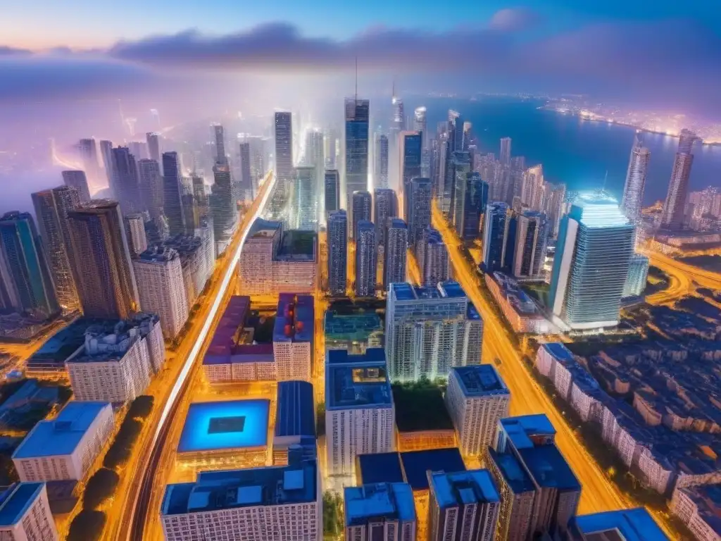 Vibrante ciudad nocturna: luces, rascacielos y movimiento Vibrante ciudad nocturna con rascacielos brillantes, calles iluminadas y autopistas transitadas